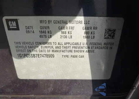 2014 Chevrolet Cruze 1Lt Auto from USA, damaged, VIN 1G1PC5SB7E7478909